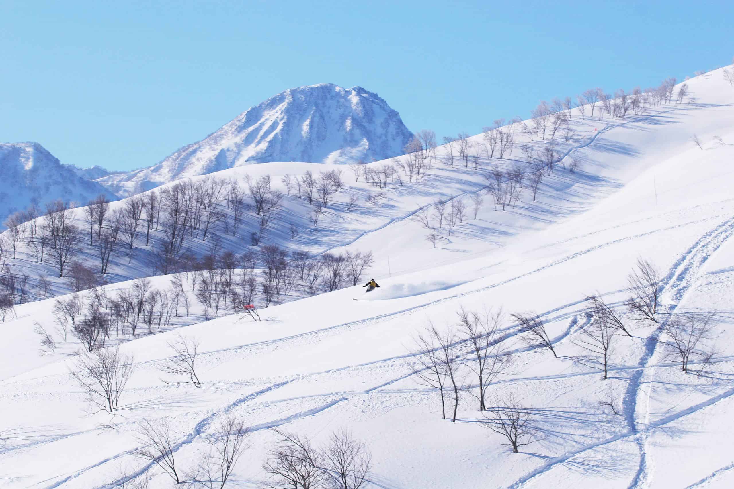 Snowy Japanese mountain river valley